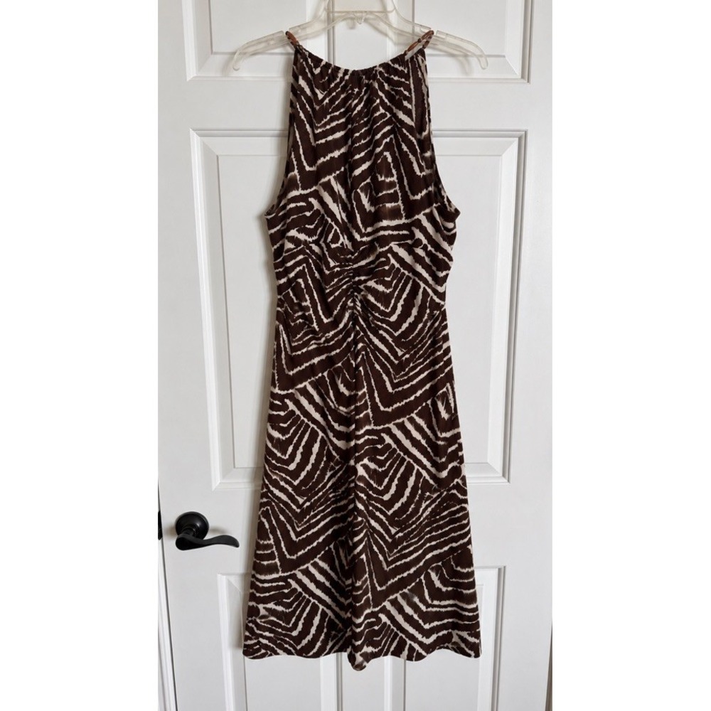 Y2K Jones New York Women's Dress 14 A-line Brown Safari Print Ruched Sleeveless